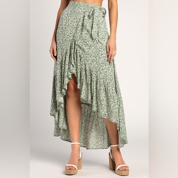 Lulus Summer Romance Sage Green Floral Print Wrap Skirt Size Medium - Picture 3 of 11